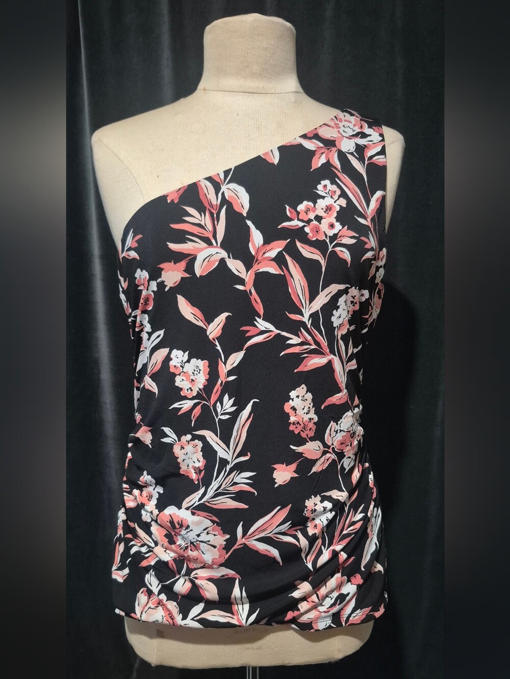 Women’s One-Shoulder Black Top with Coral Floral Print